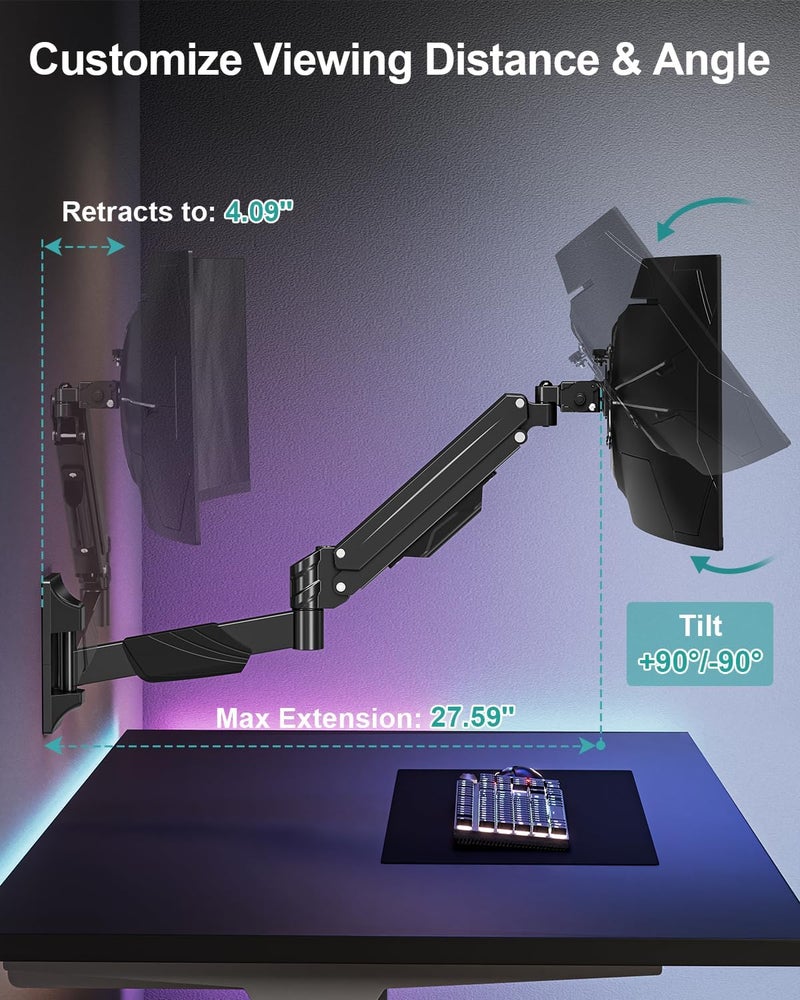 MOUNT PRO Monitor Wall Mount for 17-43" Ultrawide Screens, Single Wall Mount Monitor Arm Holds up to 33.1 lbs, Full Motion Adjustable Wall Bracket with VESA Extension Kit, VESA Mount Max 200x200mm - Image 4